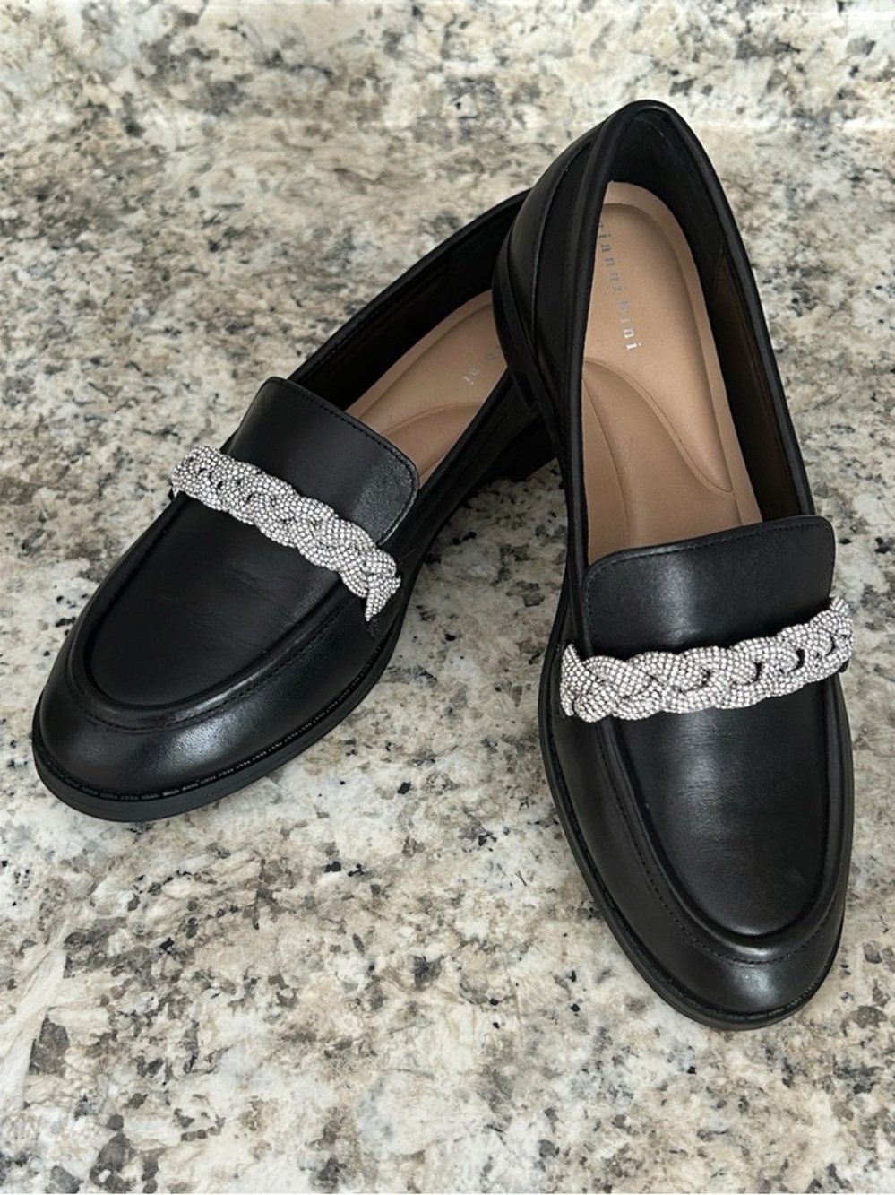 Gianni Bini Bristow Black Leather Rhinestone Braided Loafers Sparkly Size 6.5 - Picture 3 of 12